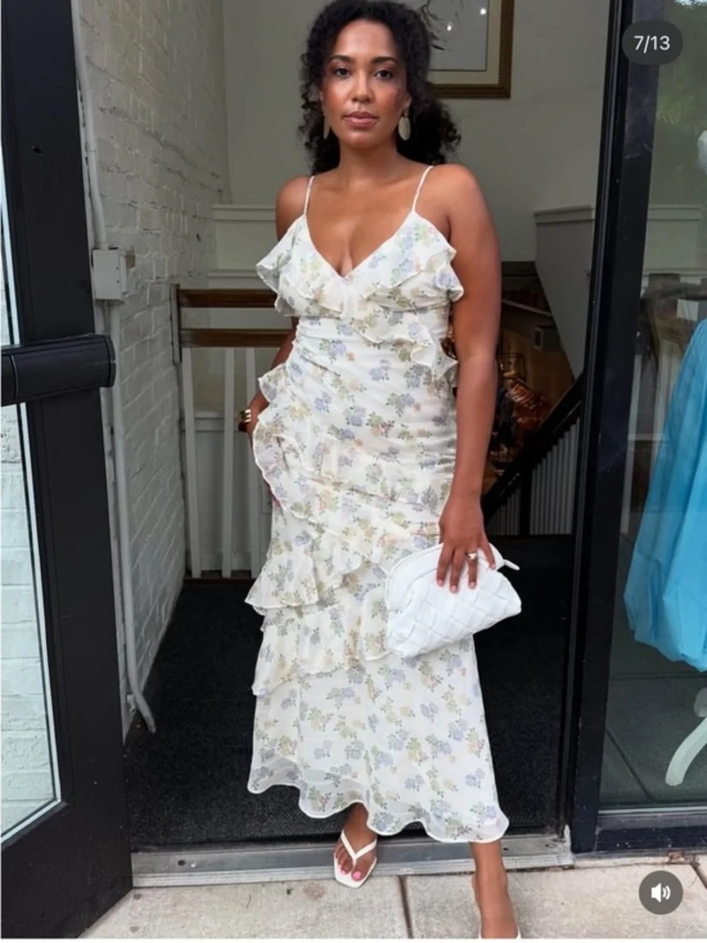 White Floral Ruffle tiered Midi Dress
